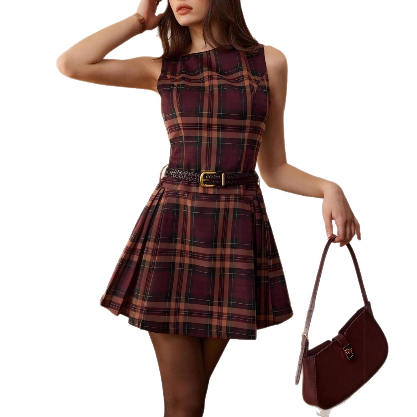 Elegant Red Plaid Sleeveless Crew-Neck Women's Dress
