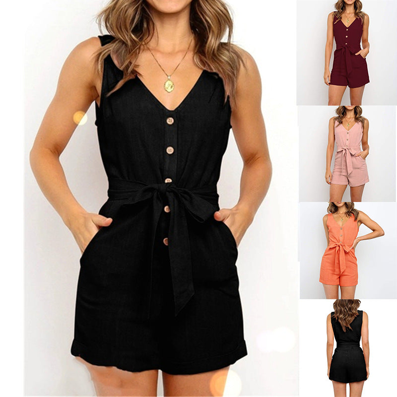 Combinaison bustier à col en V avec ceinture boutonnée 