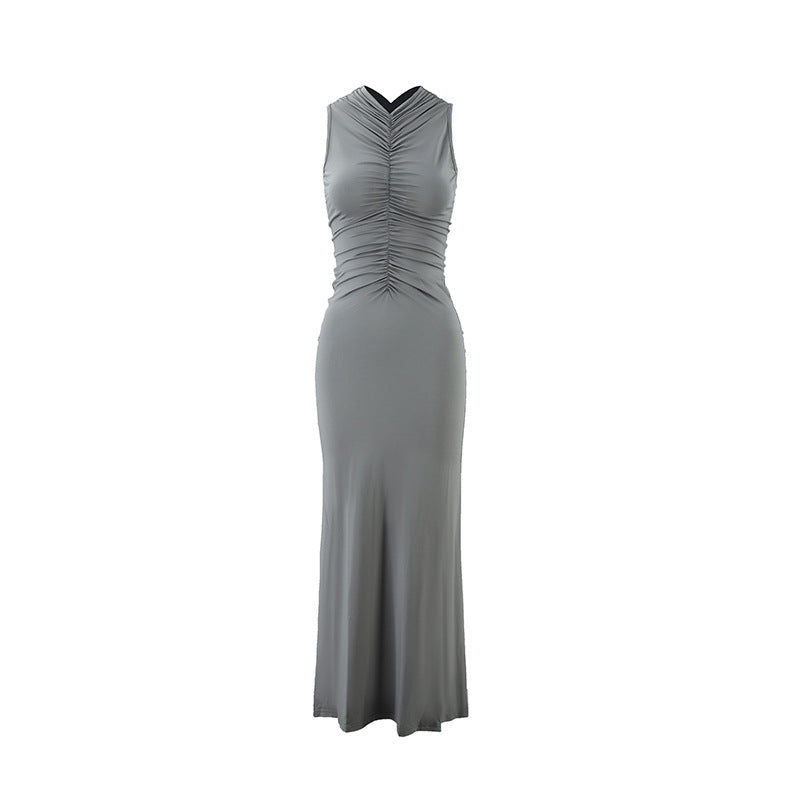 Sleeveless Pleated Elegant Solid-color Maxi Dress