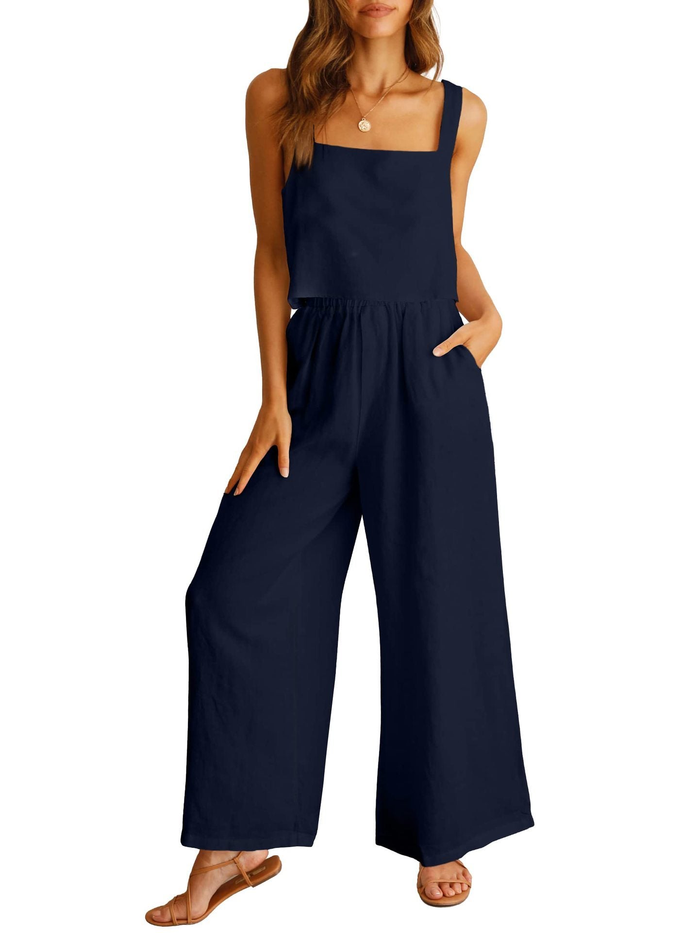 Ensemble décontracté sans manches, caraco, pantalon large