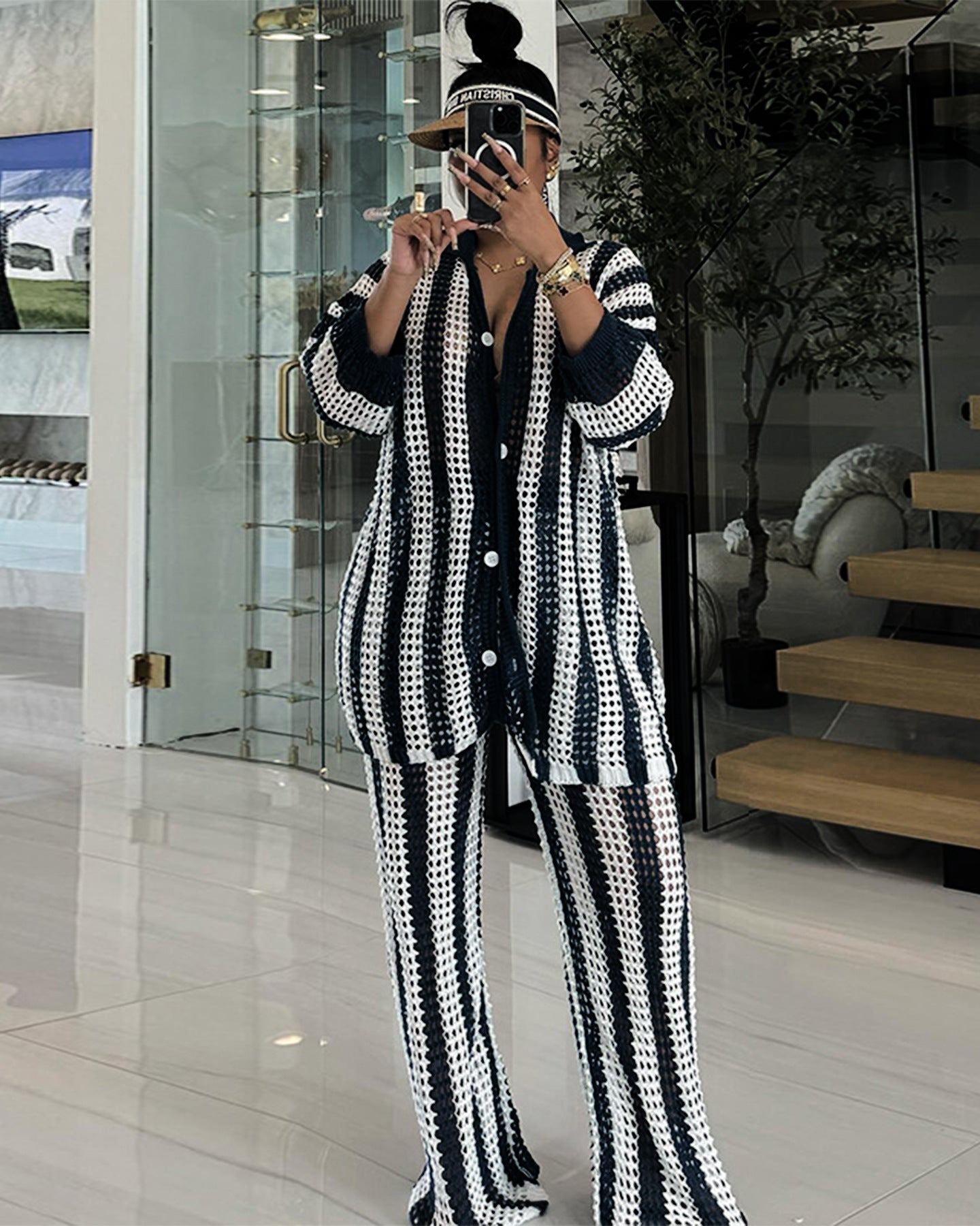 Knitted Sweater Fashion Cutout Wide Leg Knitted Two-piece Sweater