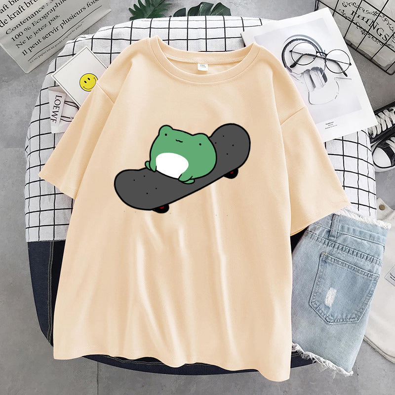 T-shirt col rond à manches courtes et col rond pour femme, vêtement simple et mignon, style grenouille, haut ample et amincissant, été