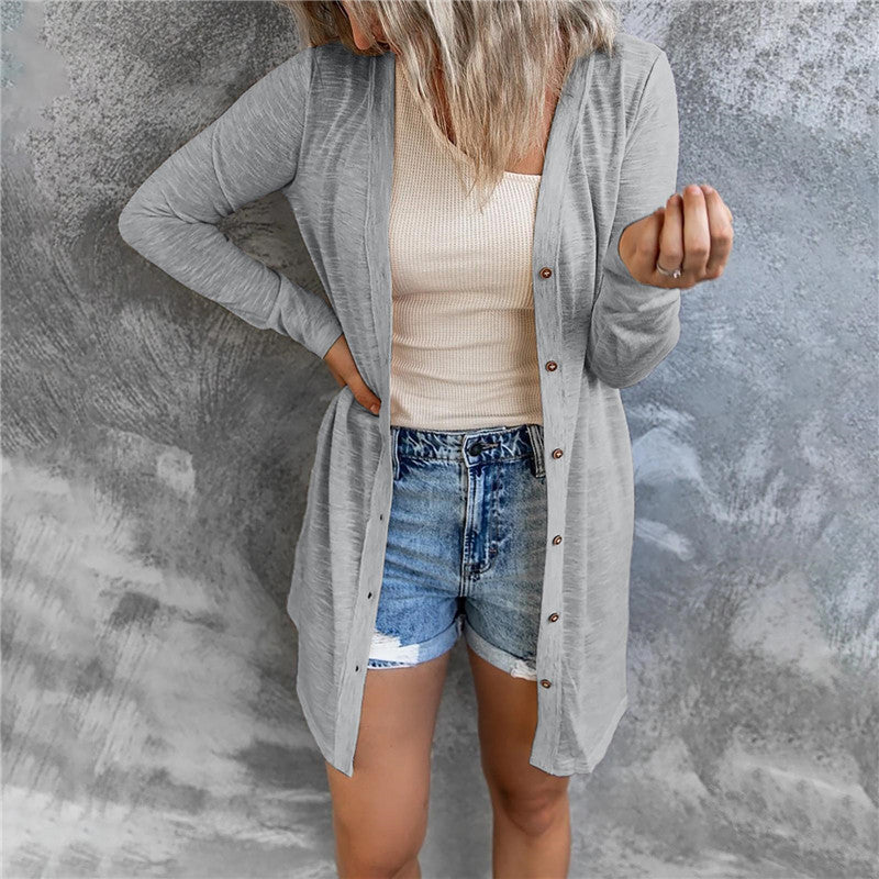Long Button Solid Color Casual Long-sleeved Cardigan