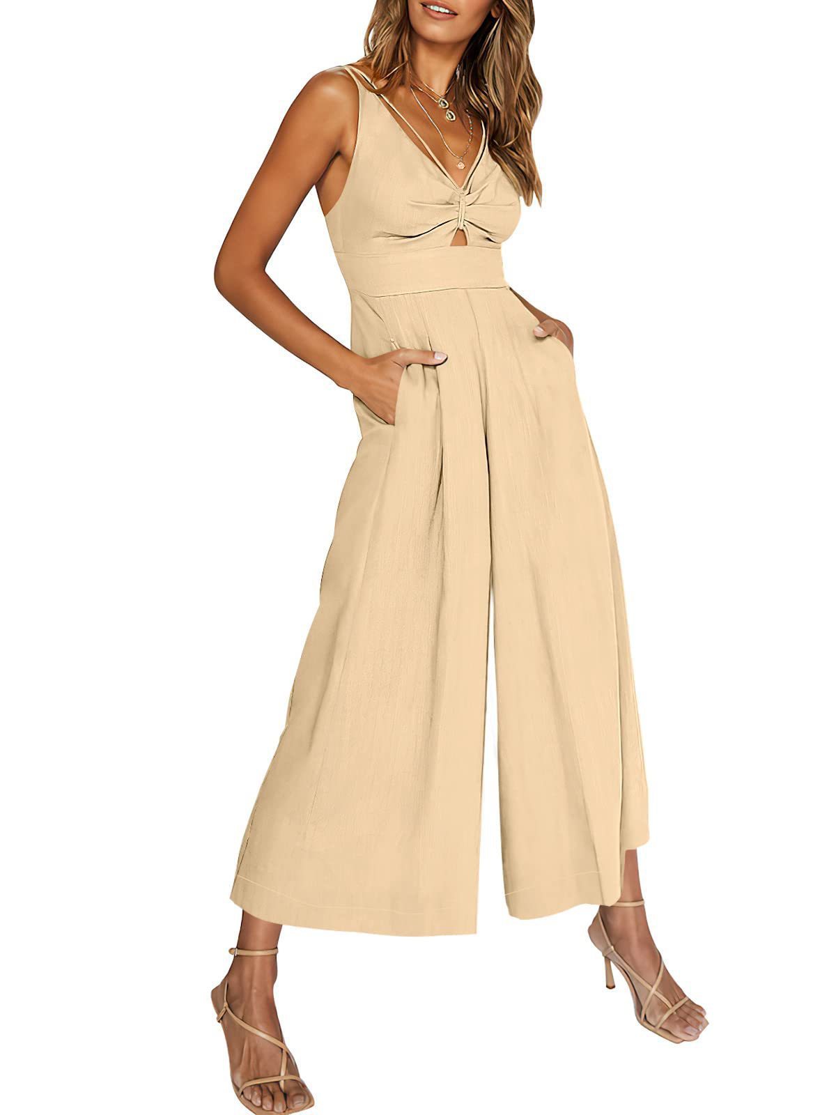 Combinaison d'été à col en V et bretelles ajourées, plissée, taille haute, jambes larges, poches pour femmes