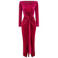 Robe plissée en velours Zou à col rond pour femme, robe moulante fendue