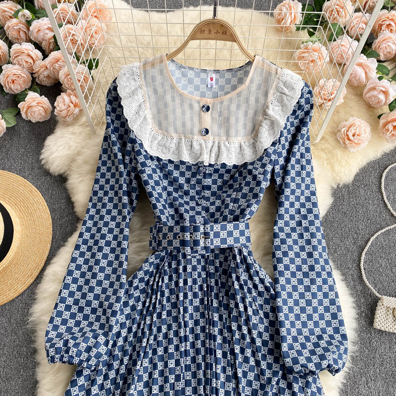 Women's Plaid Skirt Slim Mid-length Puff Sleeve Palace Style Dress