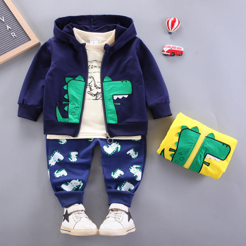 Boys' Cartoon Dinosaur Zipper Cardigan Three-piece Set