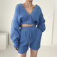 V-neck Knitted Cardigan High Waist Casual Shorts Suit