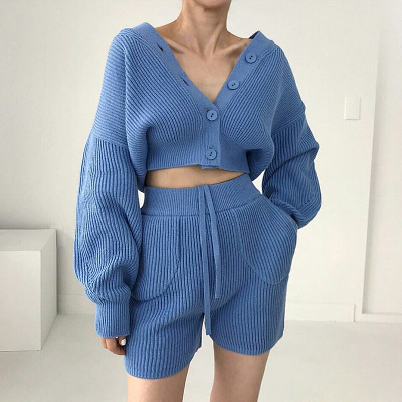 V-neck Knitted Cardigan High Waist Casual Shorts Suit