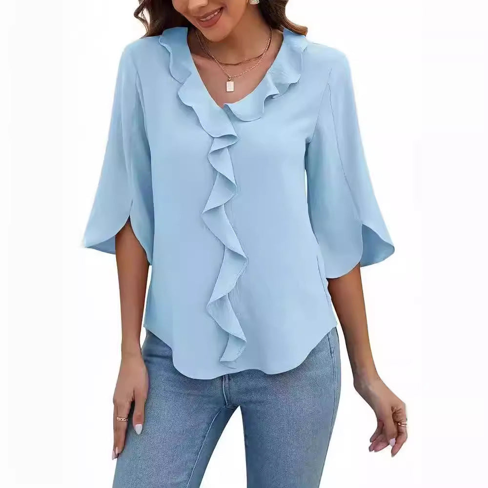 Lady Literature Leisure Commute All-matching Loose All-matching V-neck Flounce Shirt