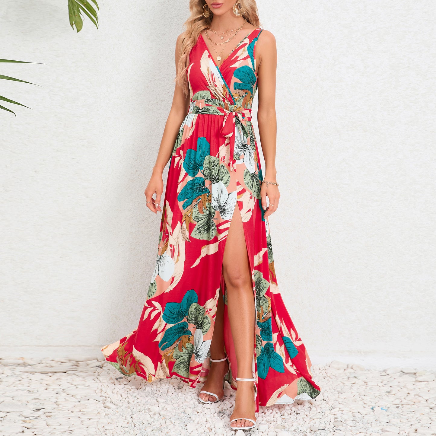 Robe longue à imprimé floral et col en V, mode estivale, taille nouée, fente, sans manches, vêtements pour femmes
