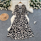 Five-quarter-sleeve Fitted-waist Single-breasted Printed Dress