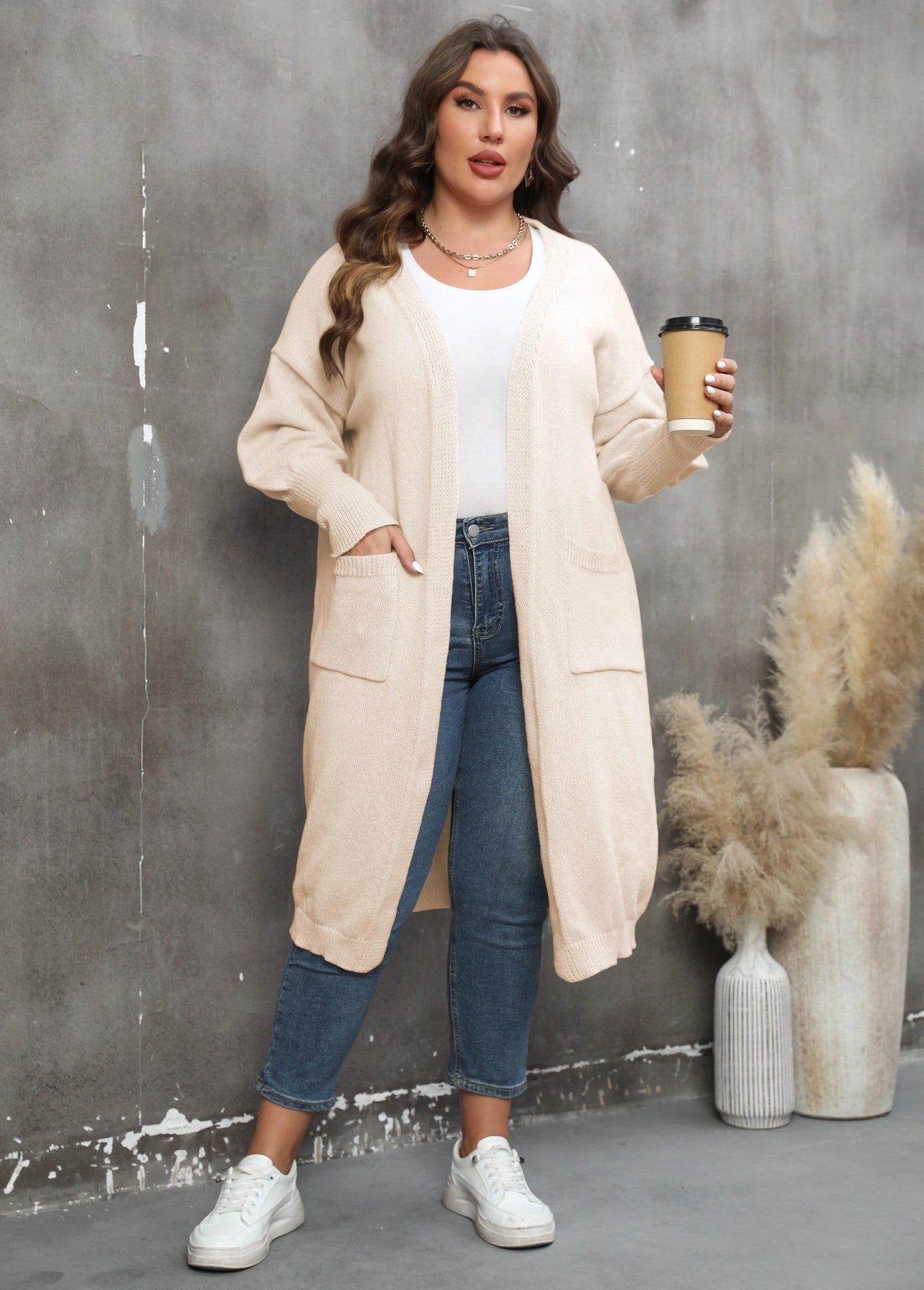 Pull ample mi-long tissé grande taille, style européen et américain, manteau à manches lanternes et double poche