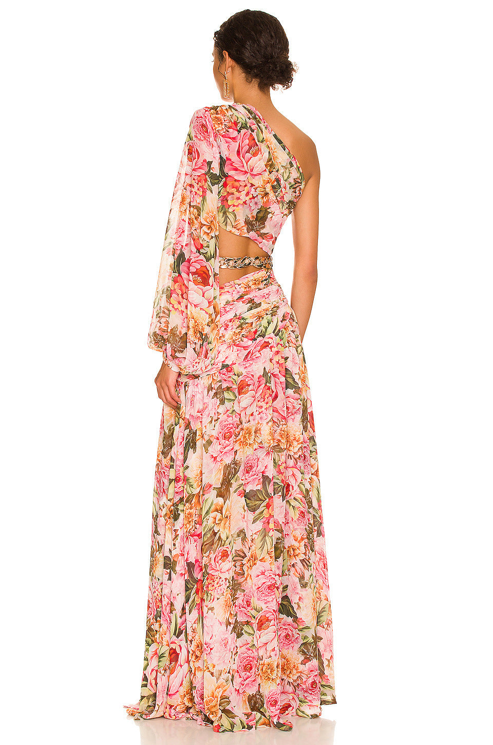 Robe moulante à manches longues et épaules dénudées, coupe ajustée, motif floral, fendue et ajourée