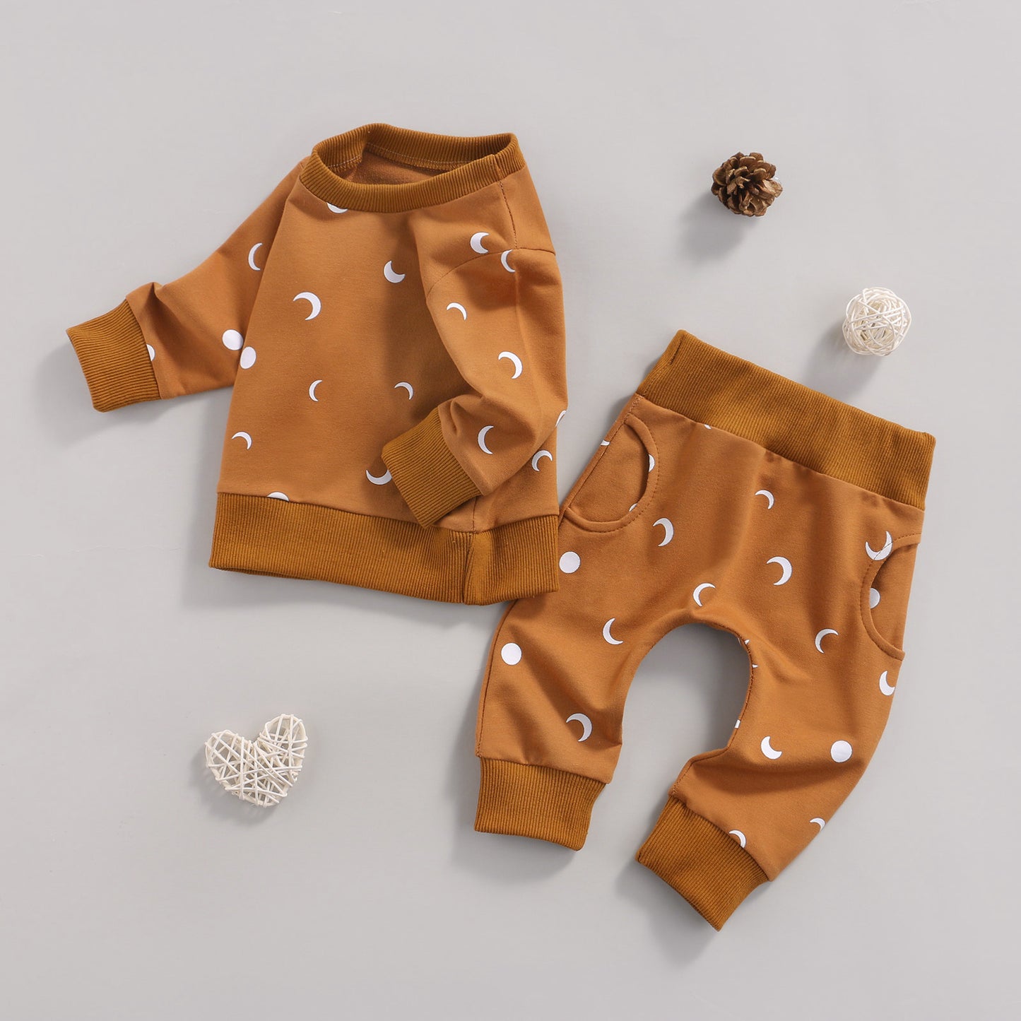 Children's Sun Moon Print Long Sleeve Trousers Romper Suit