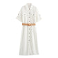 Cotton And Linen With Belt Midi Skirt Workwear Shirt Dress