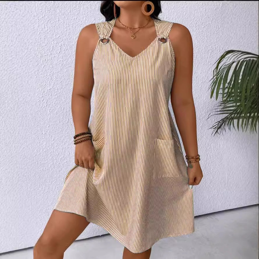 New Round Neck Striped Style With Pockets Suspender Jumpsuit Skirt