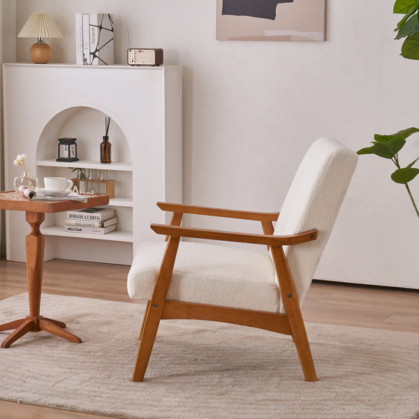 Armrests In Solid Wood, Upholstered, Teddy Velvet, Off-white, Interior Lounge Chair