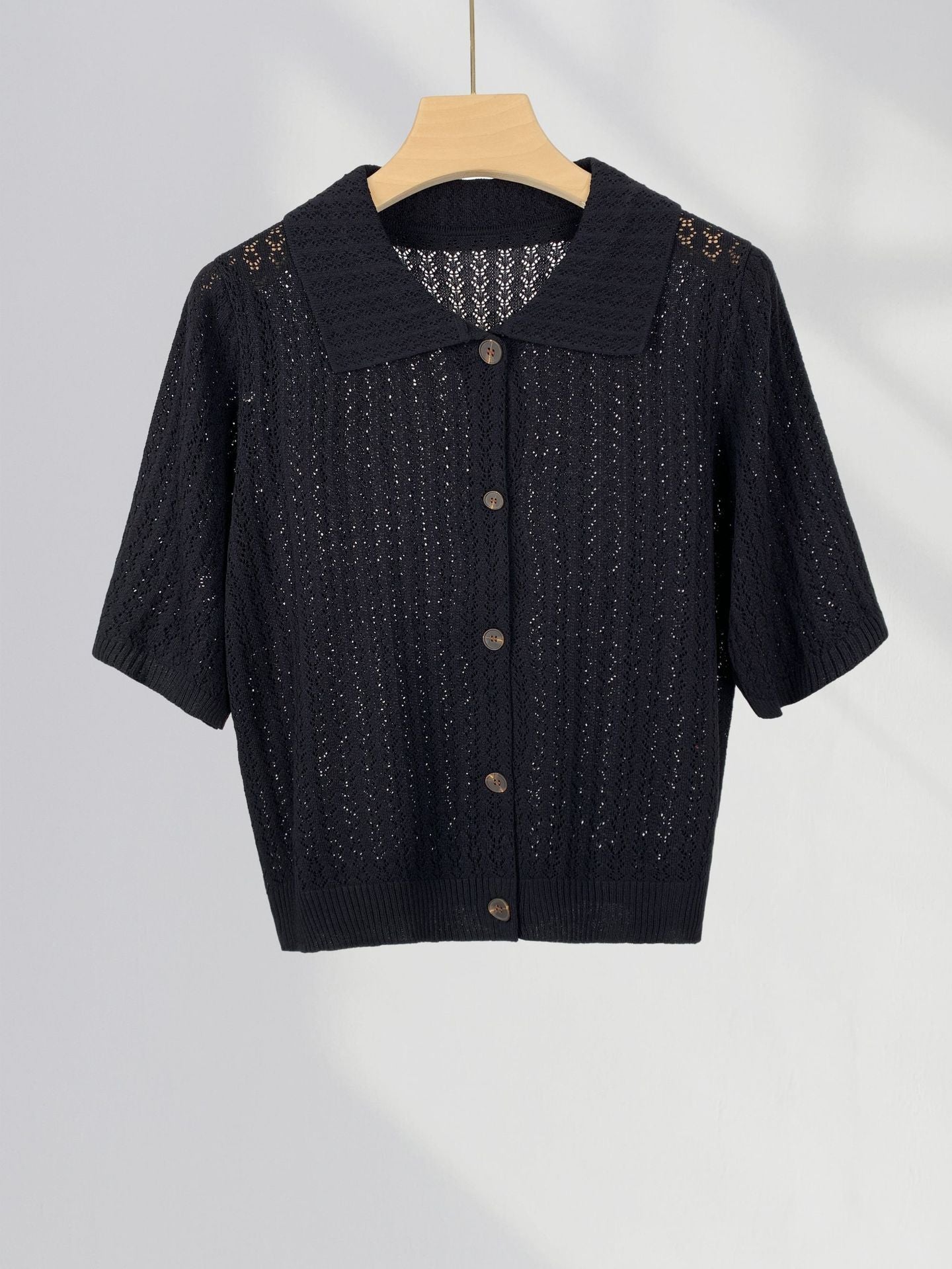 Textured French POLO Lapel Short Sleeve Sweater