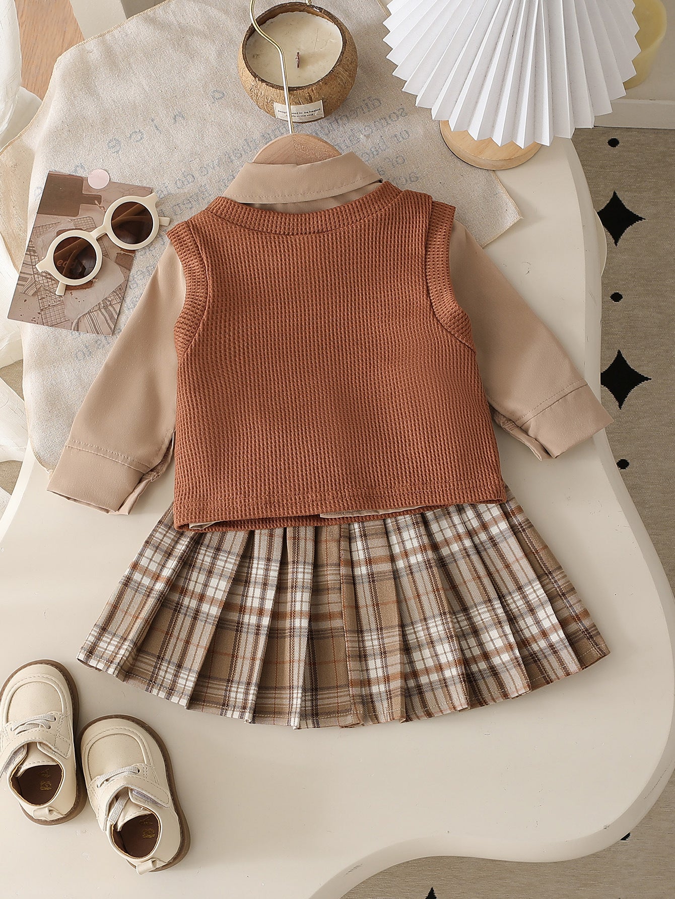 College Style Blouse Knitted Vest Plaid Row Pleated Skirt Set Three-piece Set