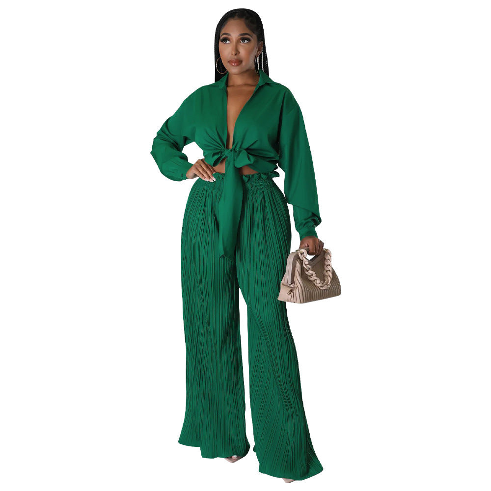 Chemisier plissé et pantalon à lacets à manches longues et col en V pour femme, best-seller de l'automne, vente en gros