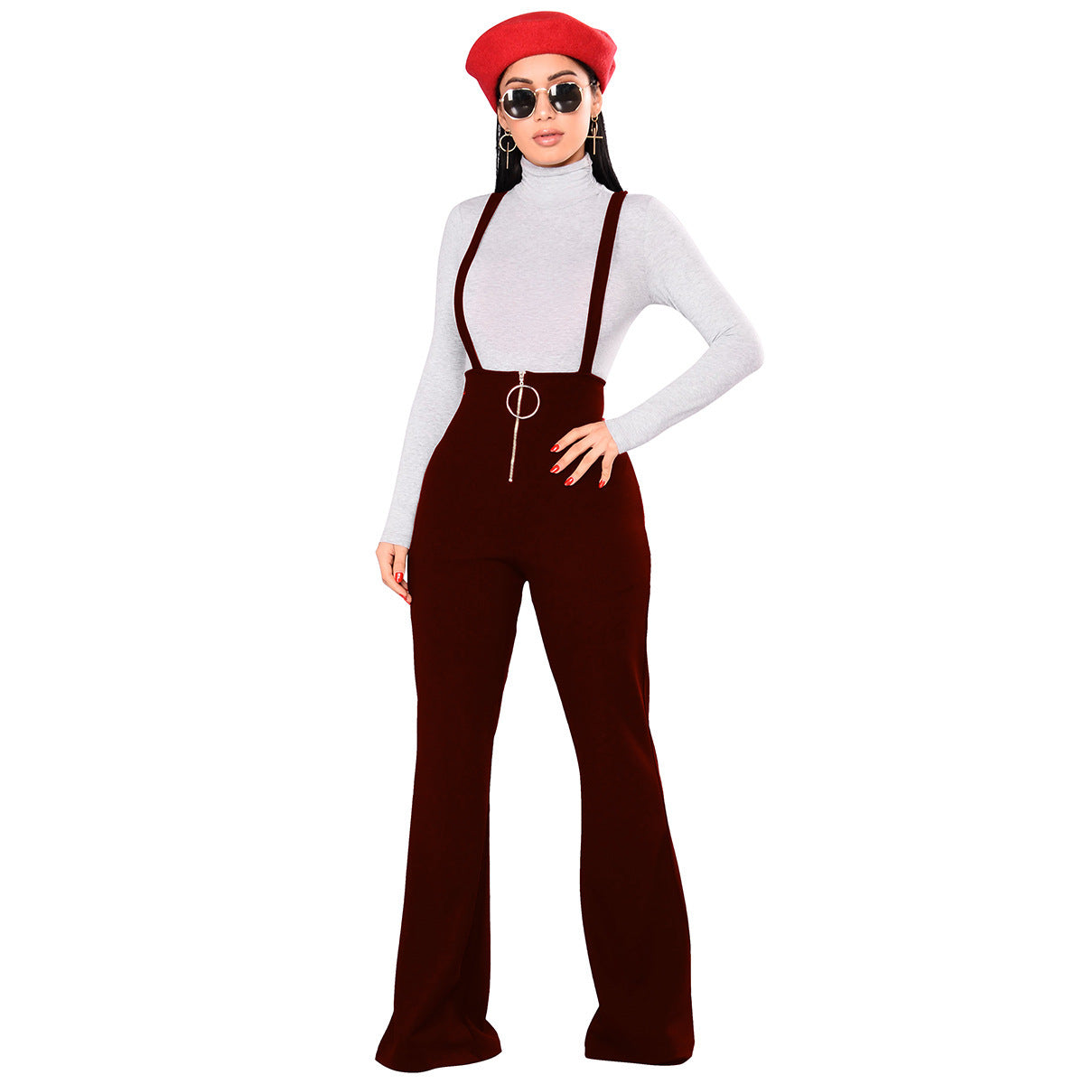 High Waist Big Round Button Zipper Flared Leg Suspenders