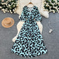 Five-quarter-sleeve Fitted-waist Single-breasted Printed Dress
