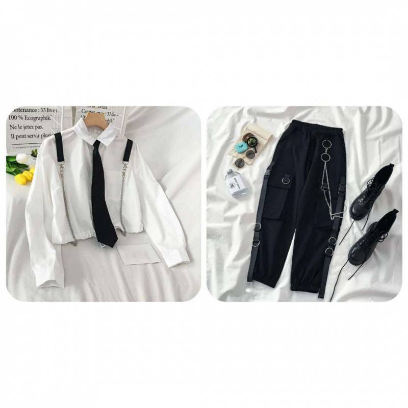 Suit Schoolgirl Loose Tie Shirt With High Waist Pants