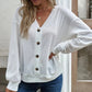 Women's Solid Color Buttons V-neck Loose Long-sleeved T-shirt