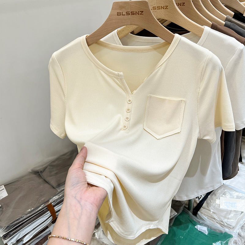 Women's Half-open Round Neck Solid Color Fashion Pocket Waist-tight T-shirt