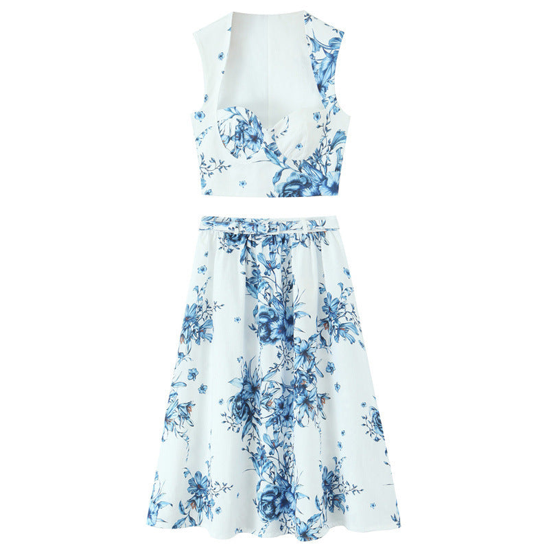 French Style Style Short Top Printing Skirt