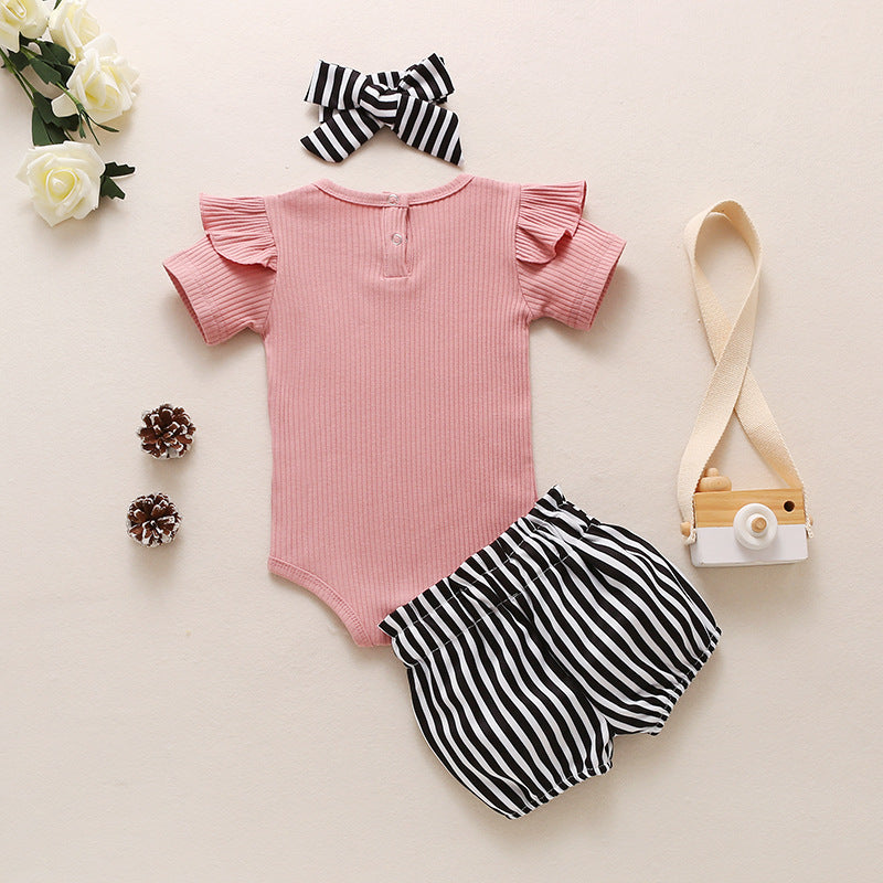 Ensemble trois pièces short à petites manches volantées pour filles Ins