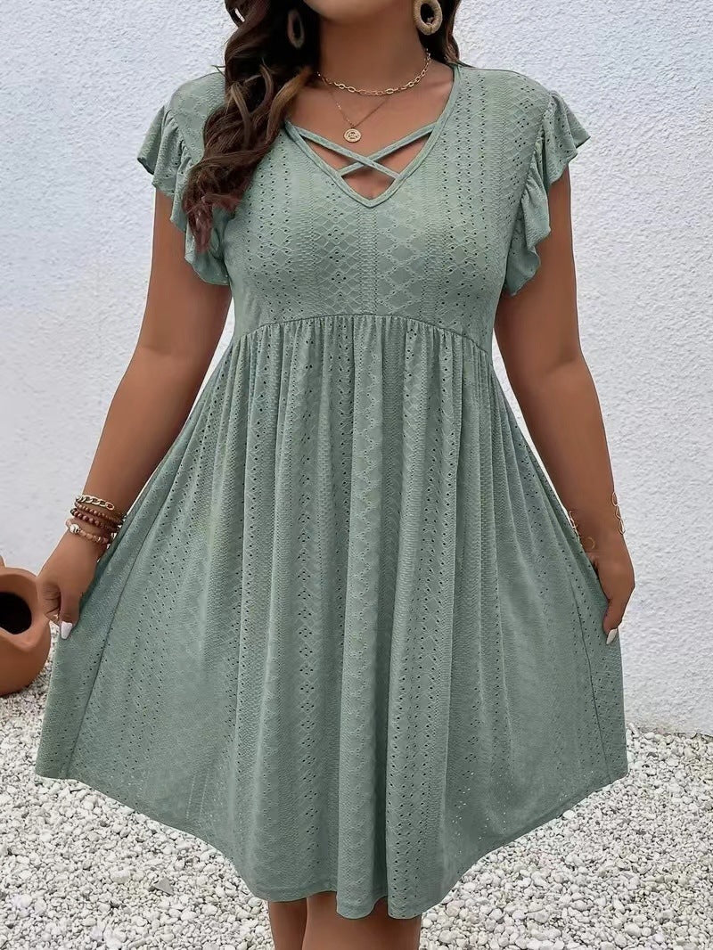 Women's Jacquard Ruffle Sleeve V-neck Dress