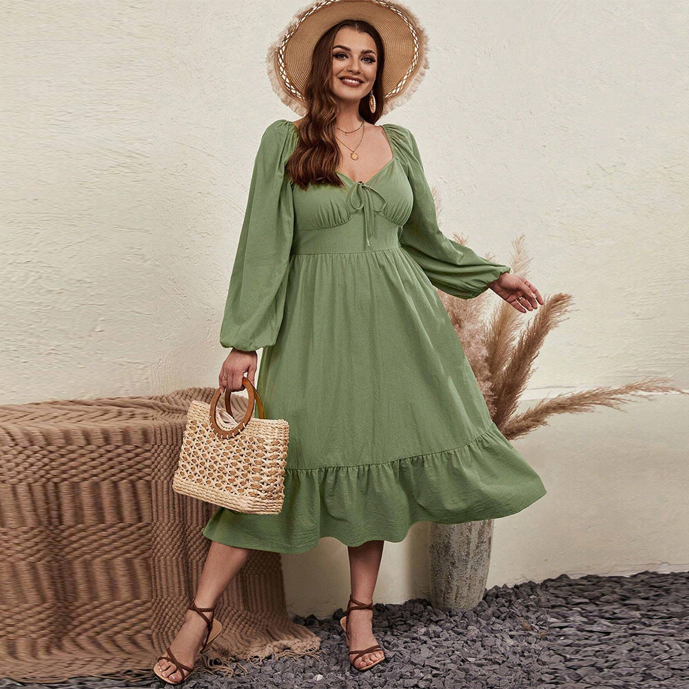 Waist-tight Large Skirt With Chicken Collar Puff Sleeve Pastoral Style Long Sleeve Dress