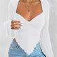 V-neck Flared Sleeves Waist Trimming Knitted Long Sleeve T-shirt