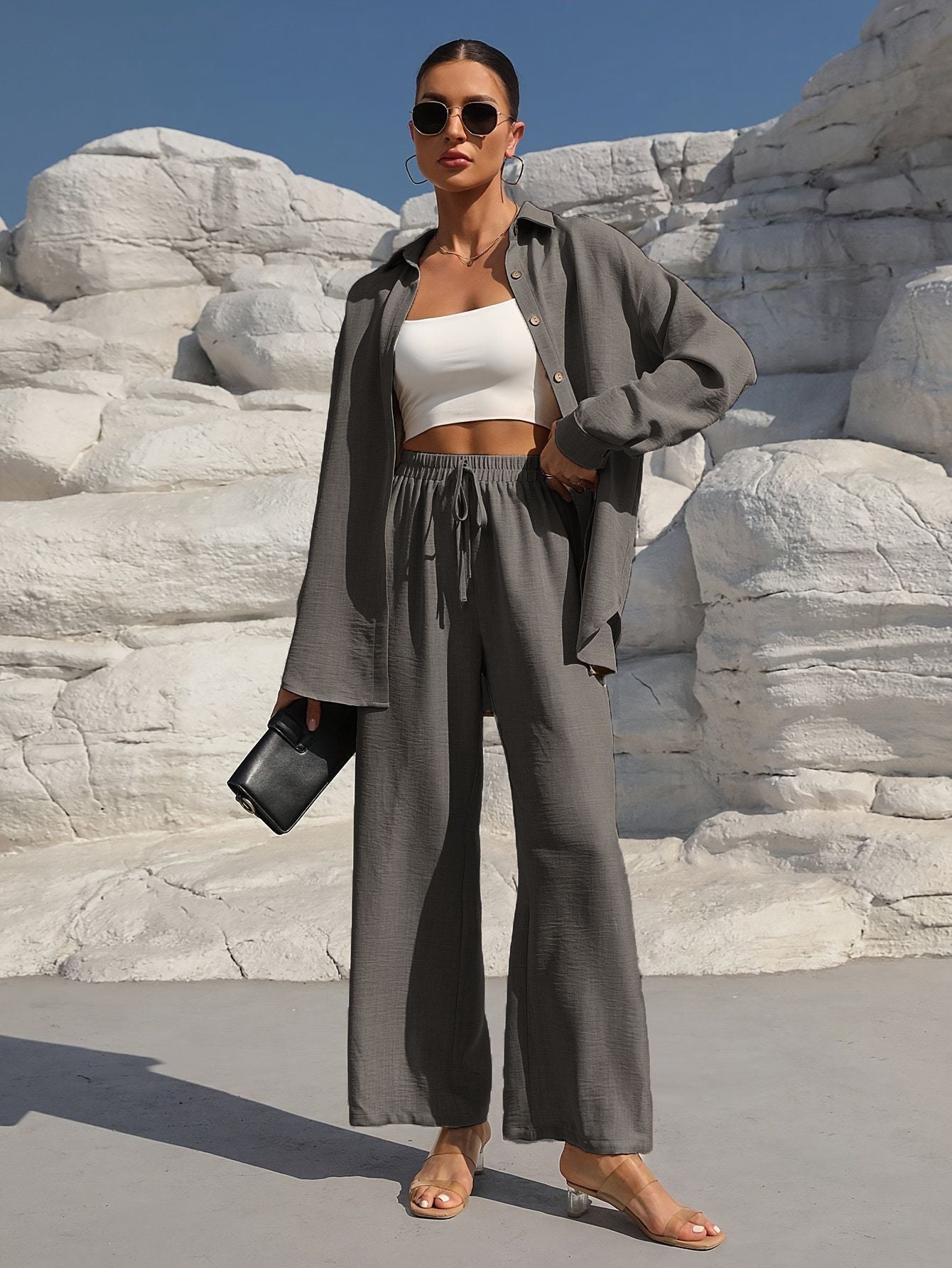 Fashion Graceful Plus Size Women's Long Sleeve Cardigan Two-piece Set Casual Solid Color Suit