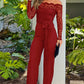 Black Eyelash Lace Off-shoulder Long Sleeve Tight Jumpsuit