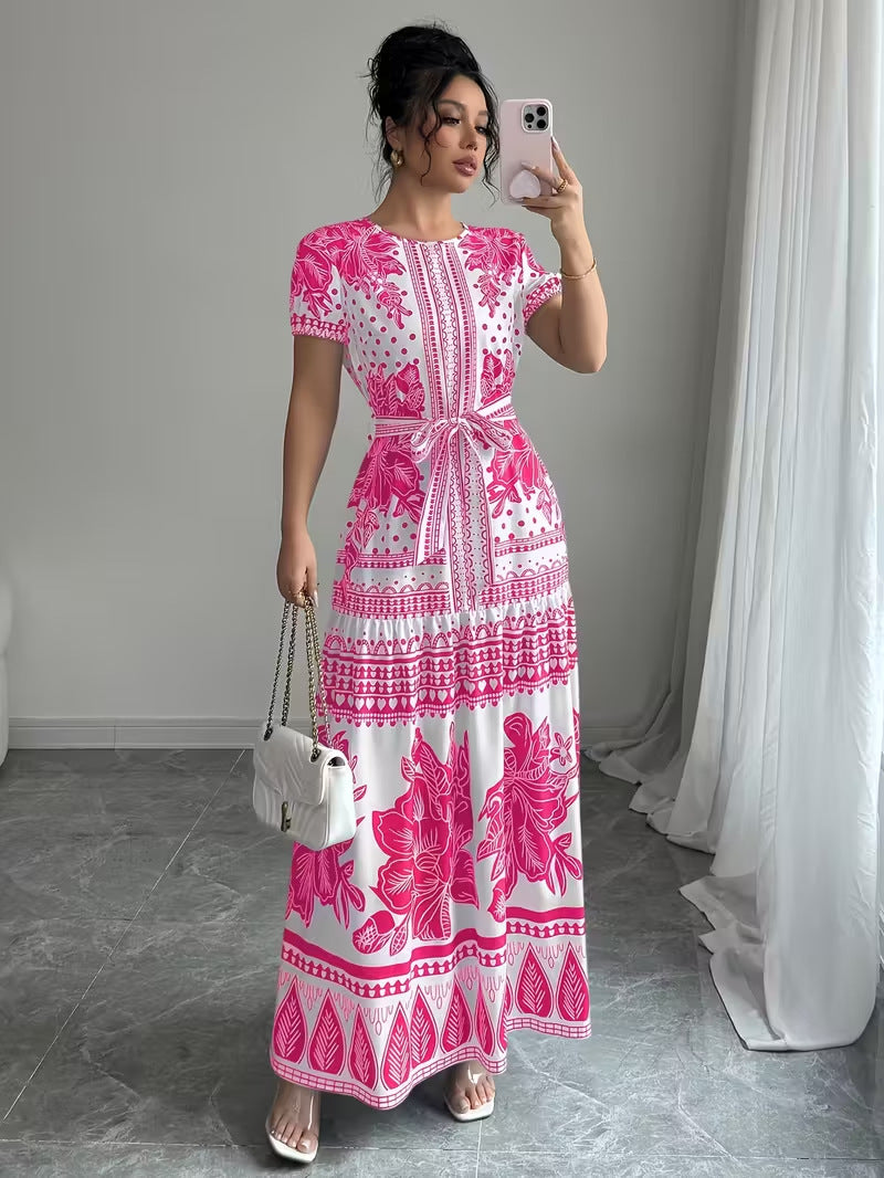 Womens Printed Elegant Simple Lace-up Round-neck Dress
