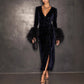 New Arrival Midnight Velvet Rhinestone Long-Sleeve Midi Dress