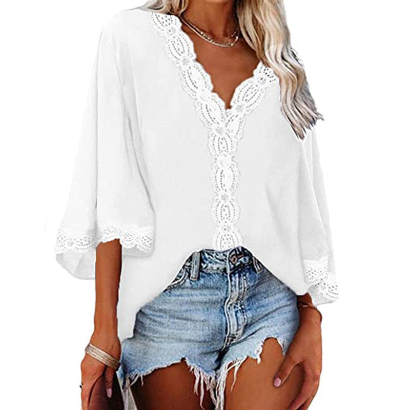 Ladies Bell Sleeve V Neck Lace Shirt