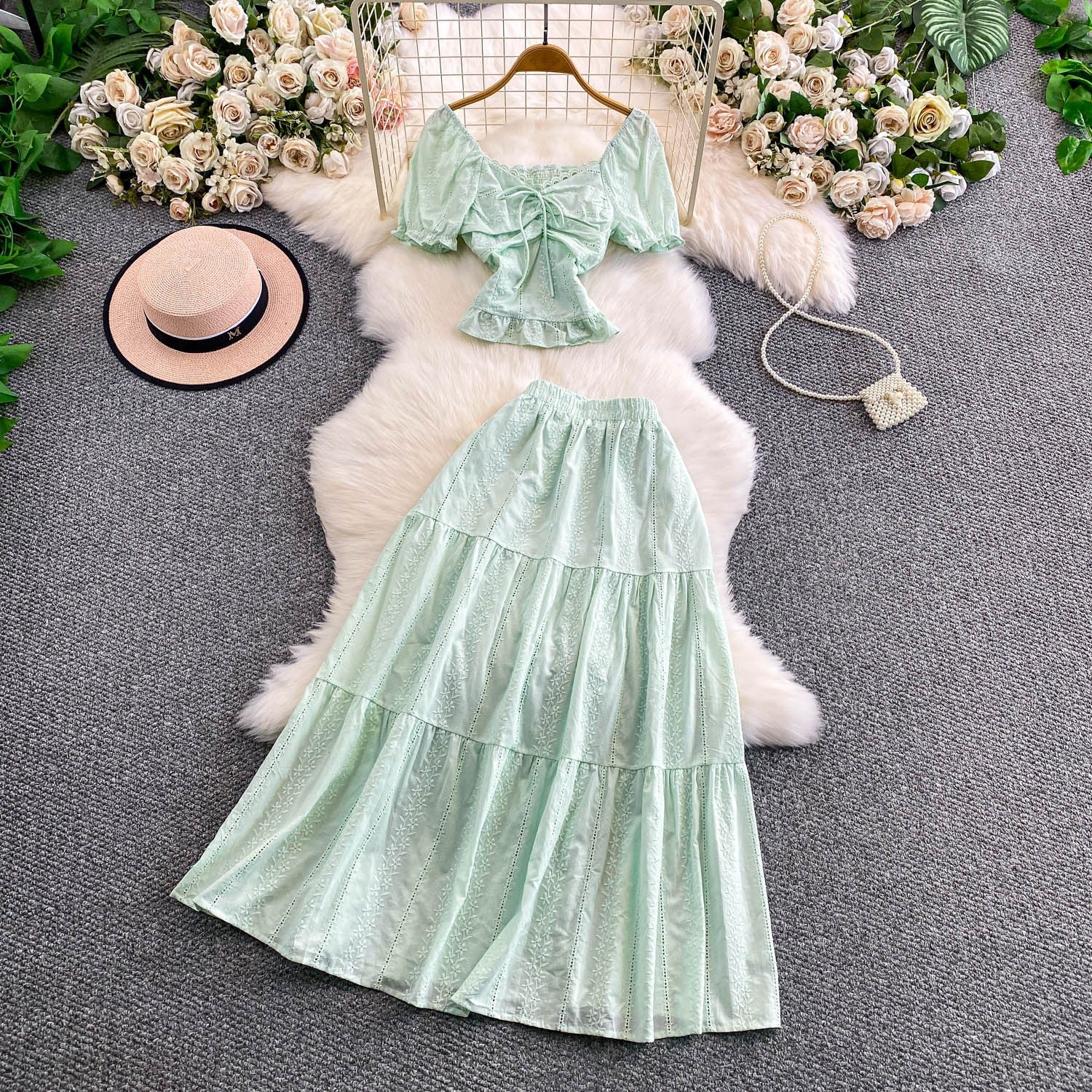 Hollowed-out Embroidered V-Neck Shirt With Ruffled Long Skirt