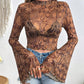 Mesh Floral Print Round-neck Flared Sleeves Long Sleeve