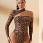 Long-sleeve Printed Sexy Off-shoulder Asymmetrical Halter Bodysuit
