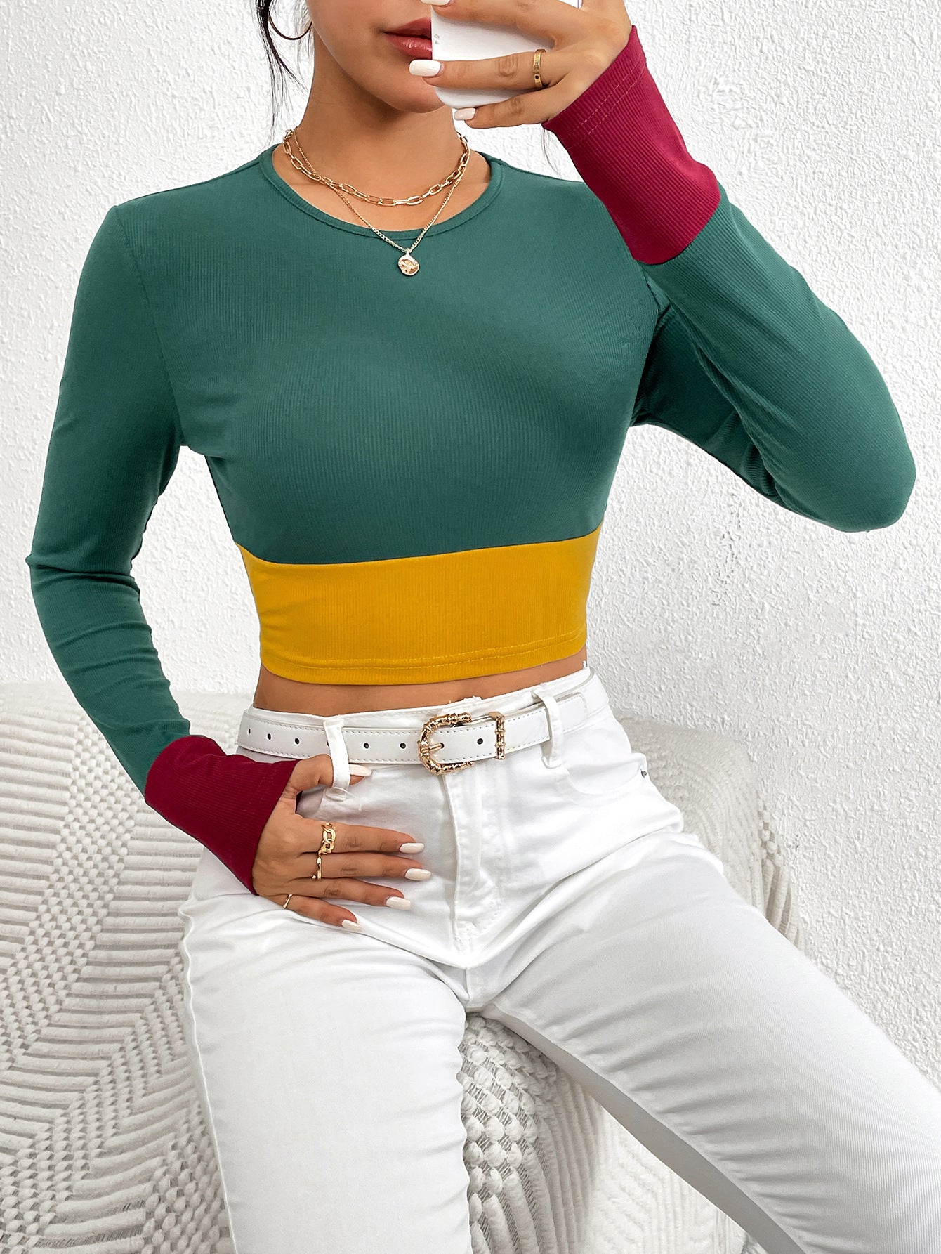 Slim Fit O-neck Short Stitching Long Sleeve T-shirt