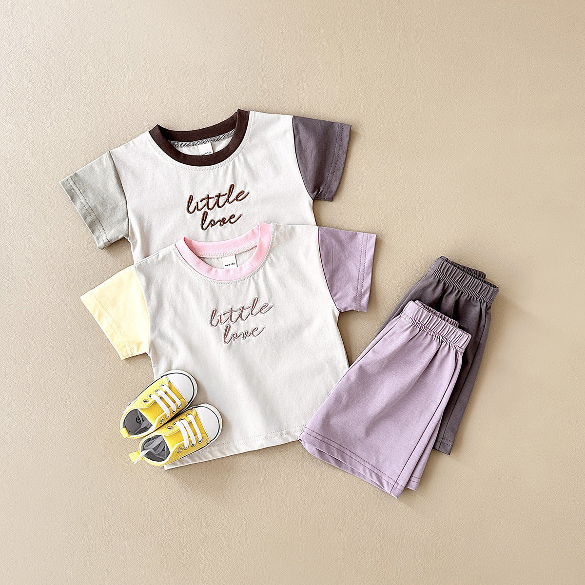 Girls' Stitching Casual Short-sleeved Two-piece Suit