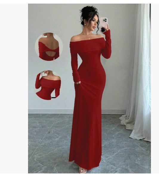 Women's Off-shoulder Fashion Slim Temperament Sheath Dress