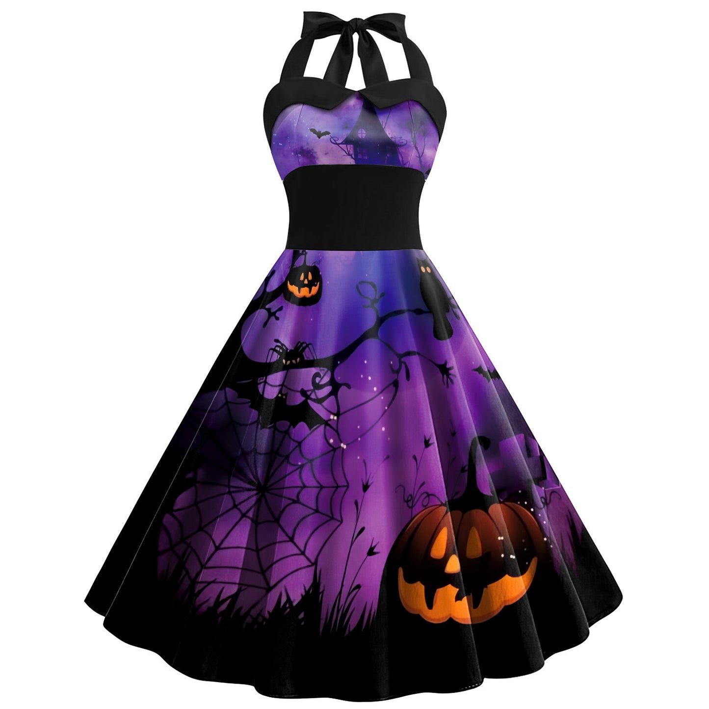Robe d'Halloween imprimée tête de mort et toile d'araignée pour femme, jupe taille haute à bretelles