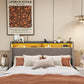 Full Size Bed Frame With LED, 4 Under-bed Portable Storage Drawers, Wings Headboard Design, Light Grey