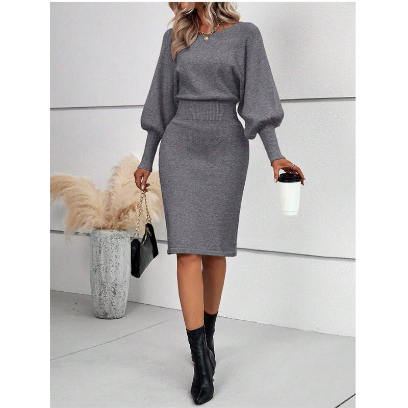 European And American Temperament Crew Neck Long Sleeve Solid Color Waist Tight Slimming Knitted Hip Skirt