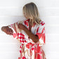 Women's Printed Lace Up Waist-tight Cardigan 5-point Sleeve One-piece Shorts